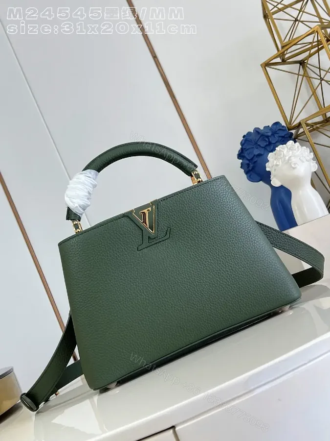 View 1 of Green Pebbled Satchel with Gold Hardware, Structured, Everyday Luxury Bag