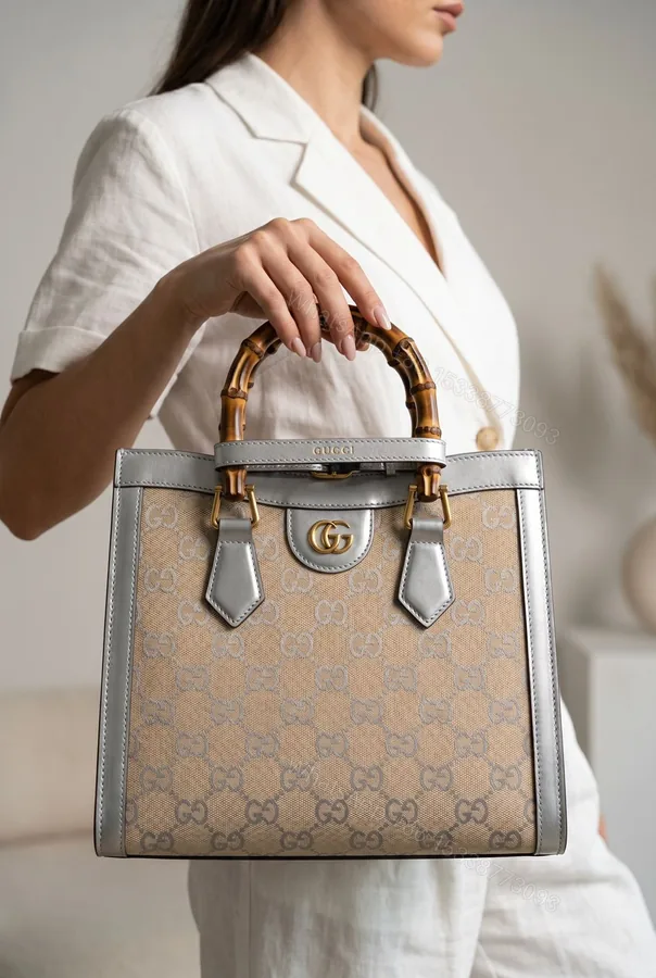 View 1 of Gucci Diana Large Tote Bag GG Canvas Silver Trim Leather First Copy | 12@ AAA+ Replica