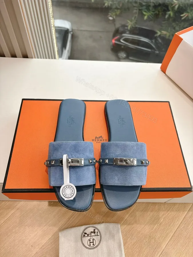 View 1 of Hermes Women Blue Suede Flat Slide Sandals