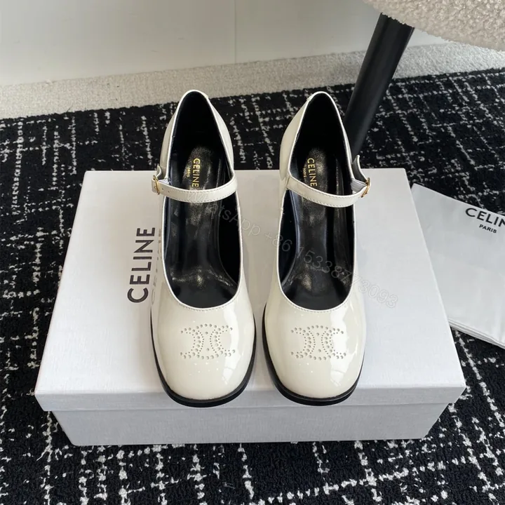 View 1 of 高仿Celine*360314584穿孔LOGO瑪麗珍鞋小牛皮白色6.5CM免檢版