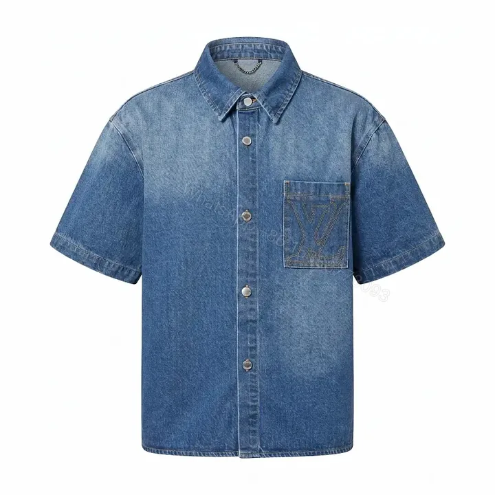 View 1 of Blue Denim Shirt Short Sleeves with Pocket Front Button-Up