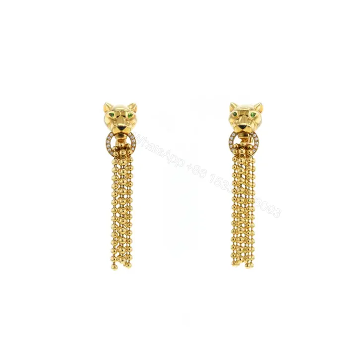 View 1 of 18K Yellow Gold Cartier Panther Diamond Tsavorite Onyx Earrings