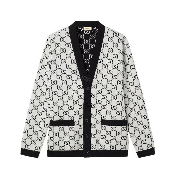 View 1 of Gucci Reversible Gg Wool Jacquard Cardigan Black And White