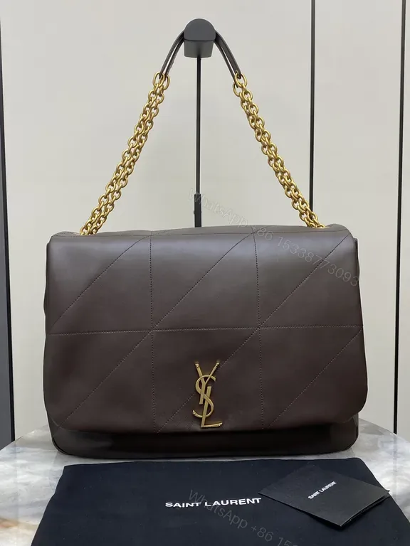 View 1 of Rich Espresso Leather Crossbody â€” Quilted, YSL-Style Gold Chain Bag