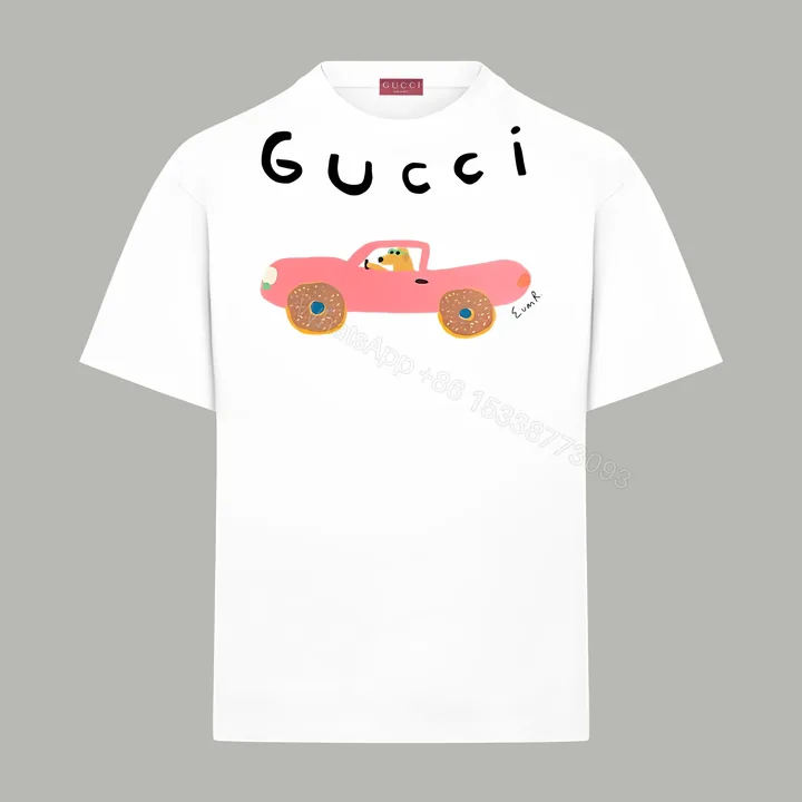 View 1 of Gucci高仿男款短袖T恤 白色底粉紅汽車插畫童趣藝術感