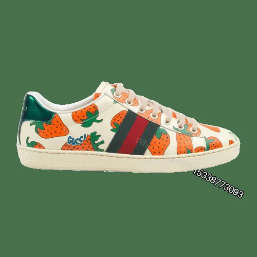 View 1 of GUCCI ACE LEATHER SNEAKER WITH GUCCI STRAWBERRY PRINT – GC10