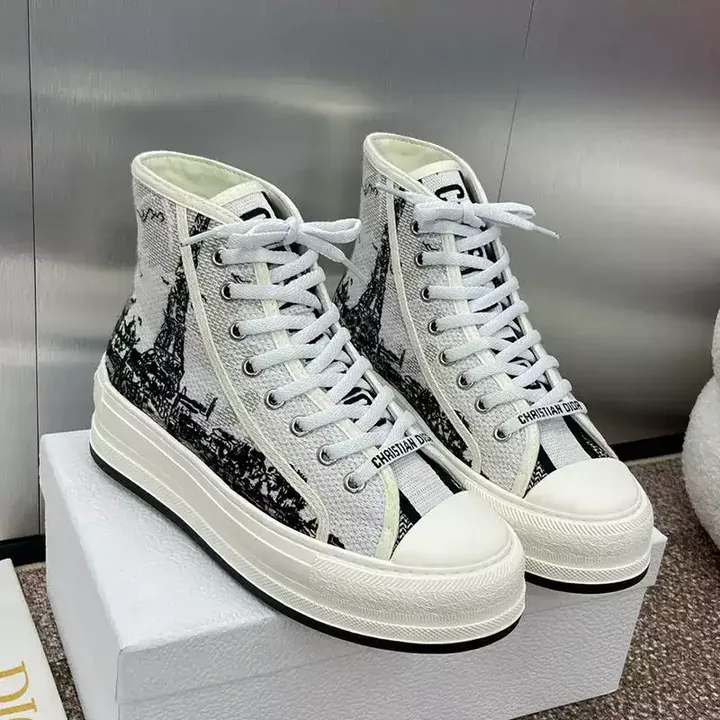 View 1 of WALK’N’DIOR HIGH-TOP PLATFORM SNEAKERS WOMEN PARIS EIFFEL TOWER EMBROIDERED WHITE – CD165