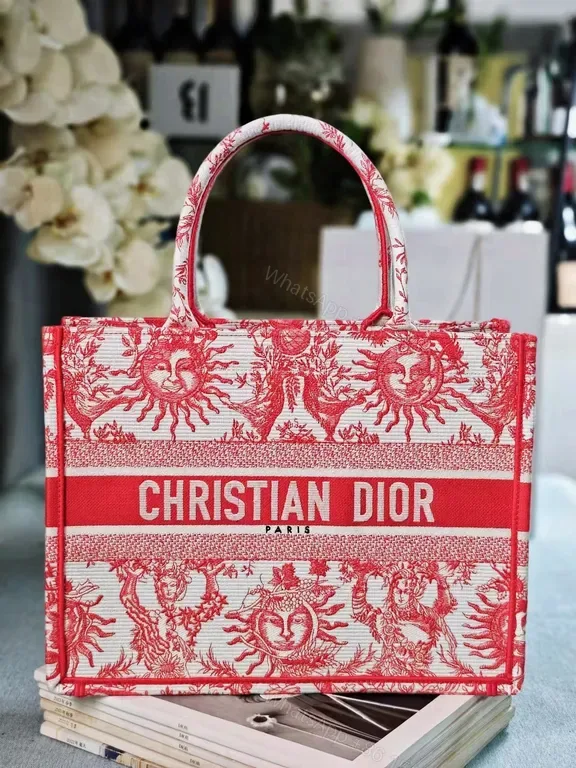 View 1 of Bold Tote: Red-Cream Jacquard, Dior-Style Brand, Structured Carryall