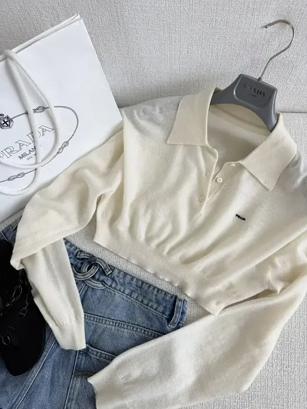 View 1 of Cream Polo Knit Sweater with Prada Logo, Classic Raglan