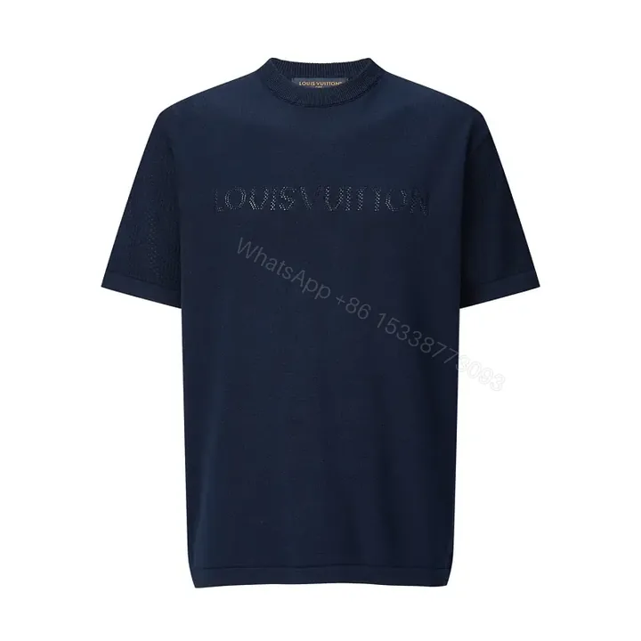 View 1 of Dark Navy Knit Crewneck Tee with Subtle LV Logo Texture