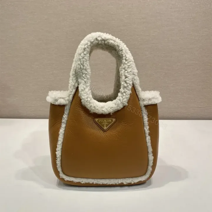 View 1 of 高仿Prada*Tote系列1BA349小羊皮羊毛半月包干邑色免檢版