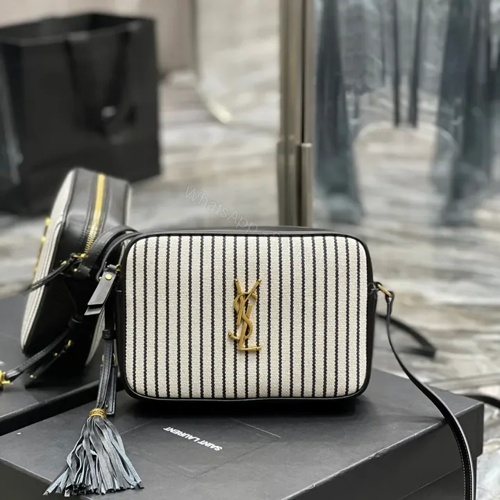 View 1 of SAINT LAURENT Lou Medium Ysl Striped Canvas Camera Crossbody Bag In Grey Cream
