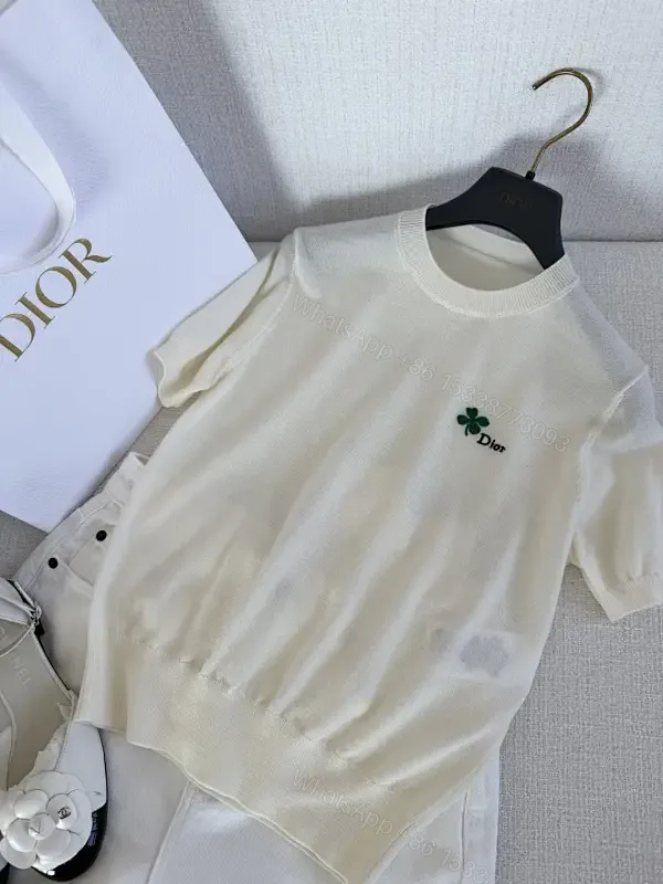 View 1 of Cream Knit Tee Emerald Clover Logo Luxury Comfort Top