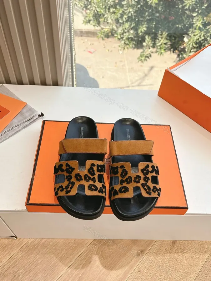 View 1 of Hermes Women Tan Suede Leopard Print Slippers