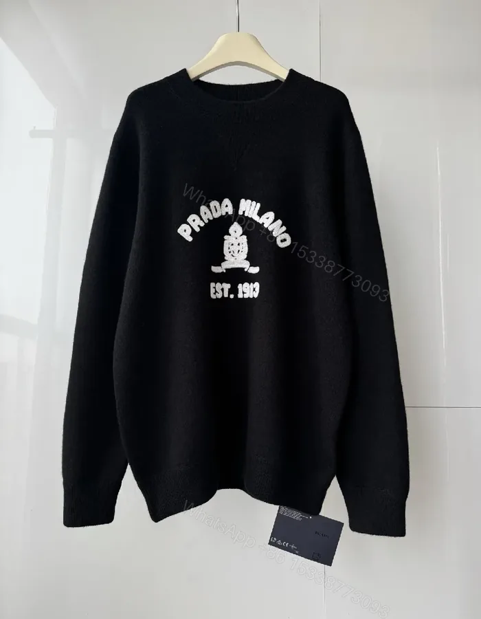 View 1 of Black Wool-Blend Knit Sweater Crest Embroidery Version