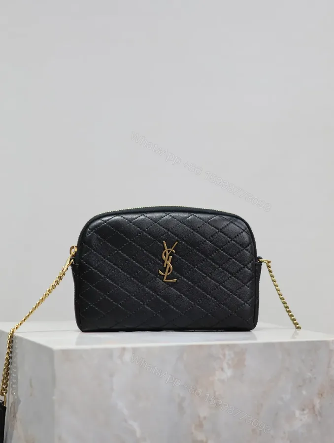 View 1 of Quilted Crossbody Bag with Gold Emblem, Compact Style