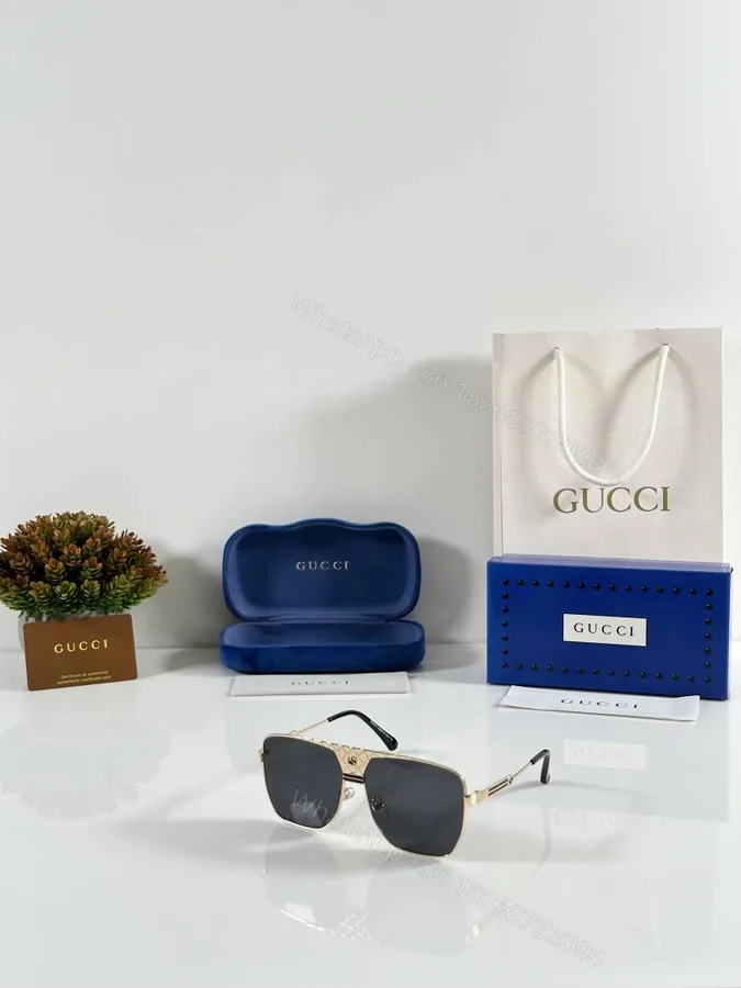 View 1 of First Copy Gucci Navigator Sunglasses Gold Frame Grey Lens