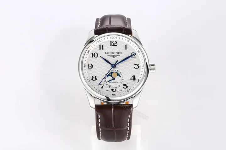 View 1 of Longines Master Collection Moon Phase 40mm Watch Silver Dial Blue Hands Brown Leather Strap