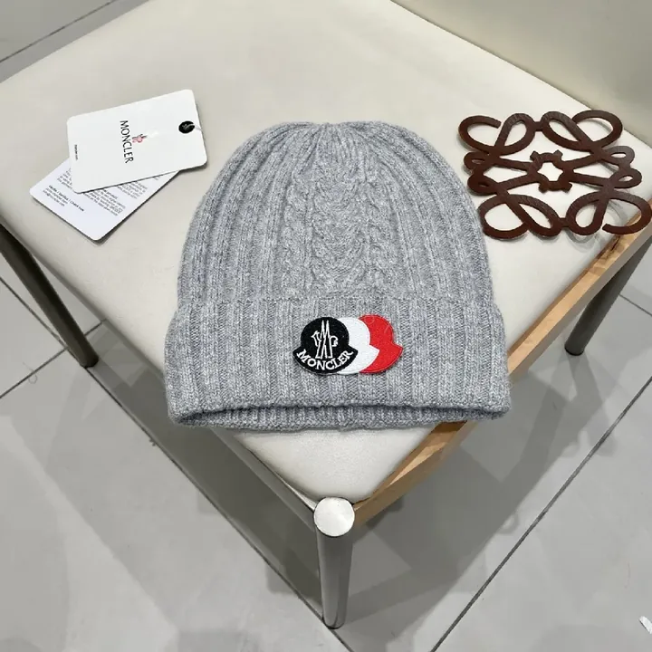 View 1 of Grey Cable Knit Beanie - Moncler-Style Logo Knit Cap