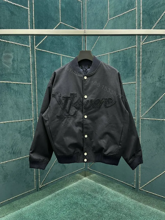 View 1 of Black Embroidered Satin-Texture Varsity Jacket, Luxe Streetwear