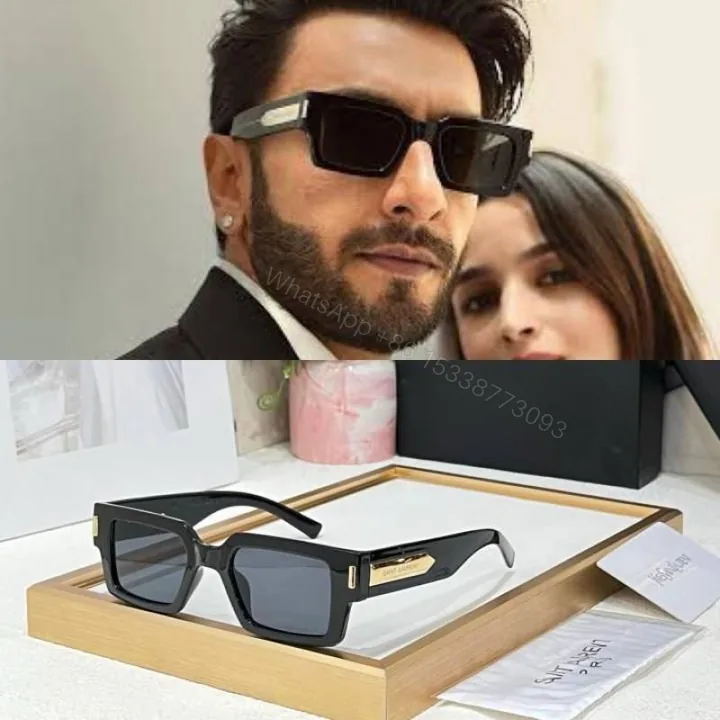 View 1 of First Copy Balmain Black Rectangle Sunglasses Gold Logo Unisex UV Protection