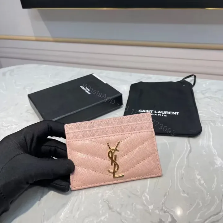 View 1 of Soft Pink Cardholder: Quilted Leather, YSL Monogram, Luxury Style