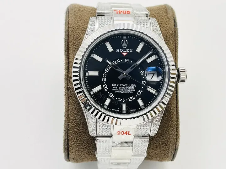 View 1 of Fake Rolex Sky Dweller Diamond Best Black Dial Oyster Bracelet 42MM ROLEX-SKY-BLK-DIA-42