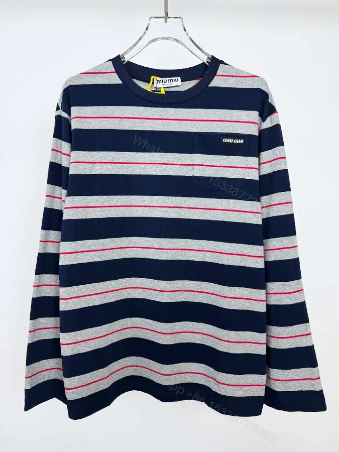 View 1 of Navy Gray Stripe Knit Top with Red Accent, Relaxed Fit