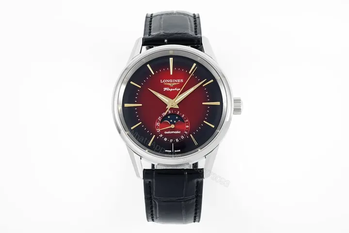 View 1 of Longines Flagship Classic Red Dial Moon Phase Automatic Watch with Black Leather Strap