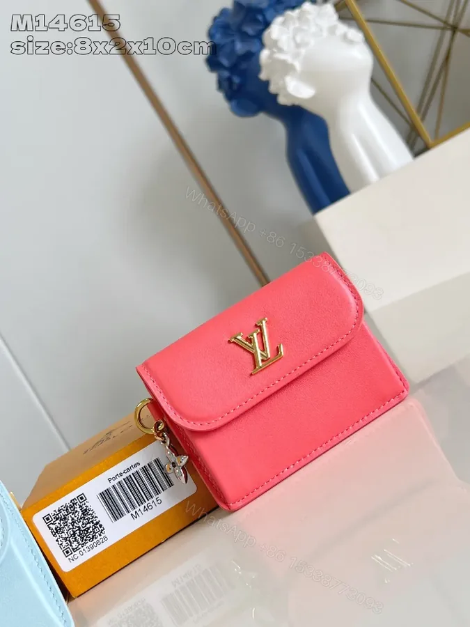 View 1 of Pink Mini Wallet, Leather, Compact, Gold LV Accent, Wallet