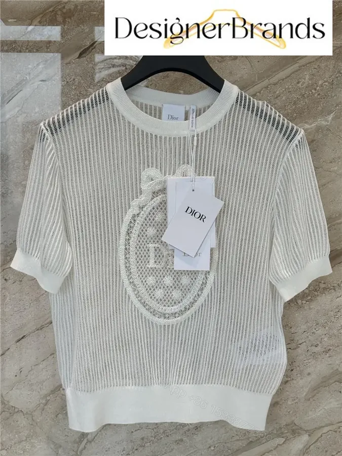 View 1 of White Knit Mesh Top with Dior Crest Embroidered Detail (No Brand Details)