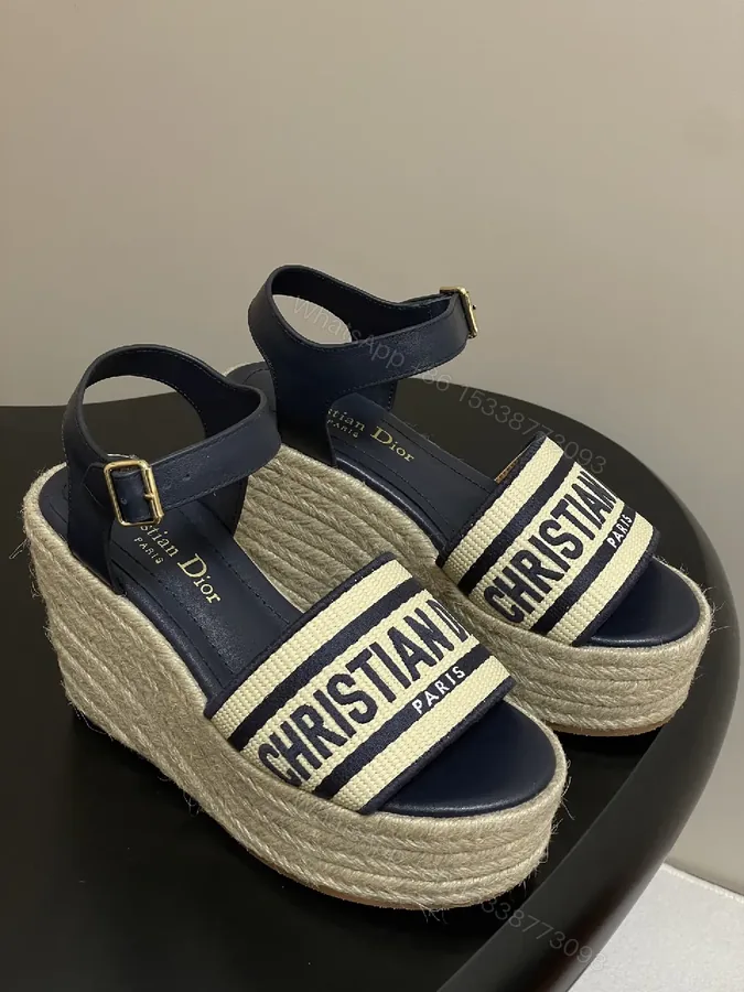 View 1 of Navy Leather Espadrille Wedge Sandals - Bold Luxe Style