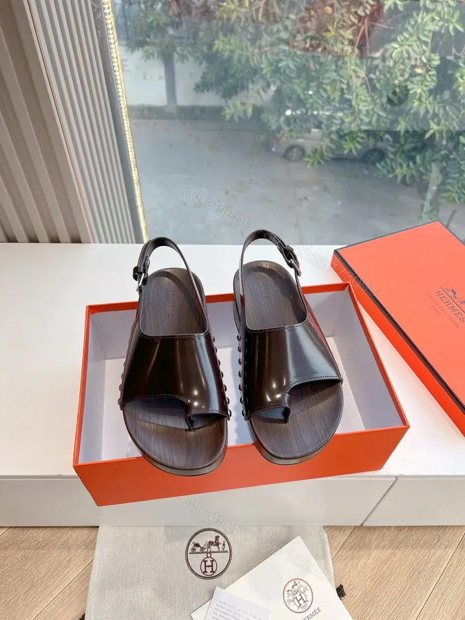 View 1 of Hermes Women Dark Brown Leather Slingback Sandals