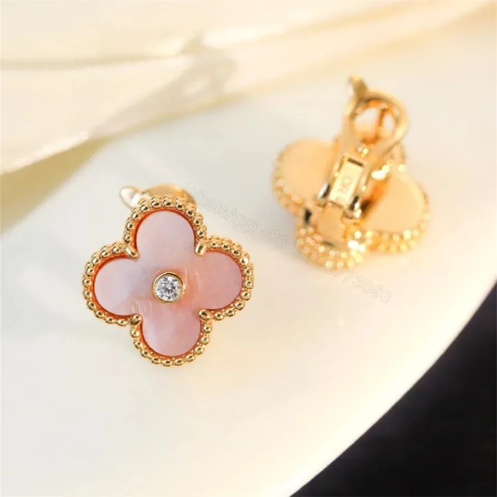 View 1 of Van Cleef & Arpels 18K Vintage Alhambra Earrings Pink Mother-Of-Pearl Diamond