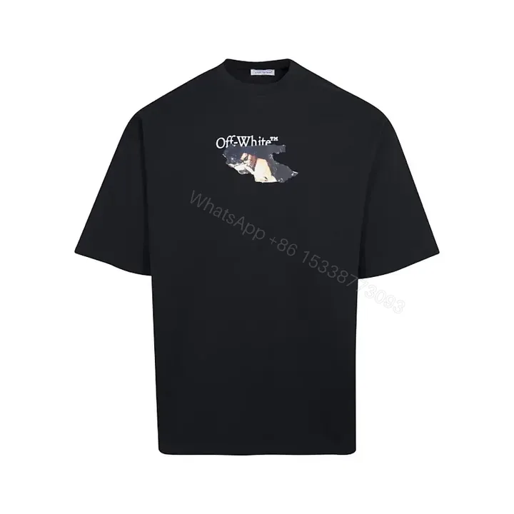 View 1 of Dark Black Cotton Tee with Off-White Logo Print – Relaxed Fit Shirt