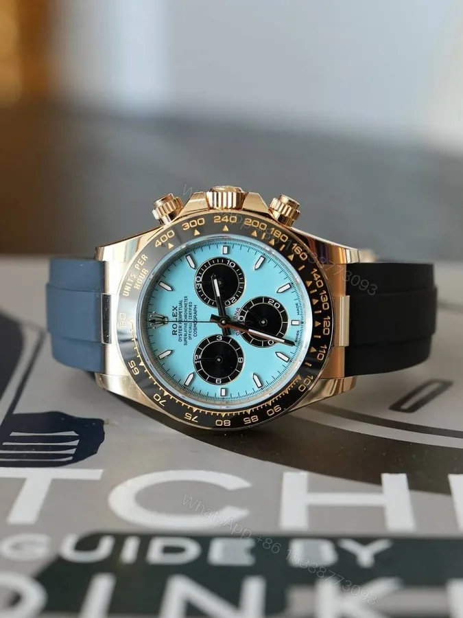 View 1 of First Copy Luxury Chronograph Blue Dial Rubber Strap Watch With Rose Gold Case And Premium Finish