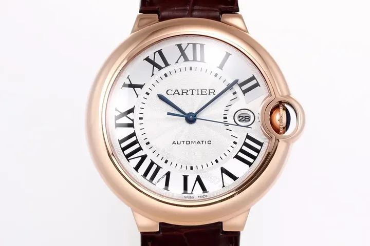 View 1 of V9 Factory Cartier Ballon Bleu 42mm Rose Gold Automatic Watch with Brown Alligator Strap
