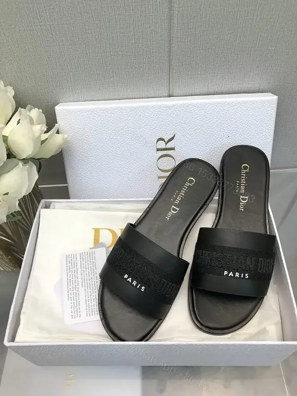 View 1 of Black Satin Strap Slide Paris Logo Sandals - Dior Style