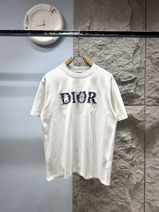 View 1 of White + Cotton Blend + Graphic Tee + Subtle Dior-Inspired Logo + T-Shirt
