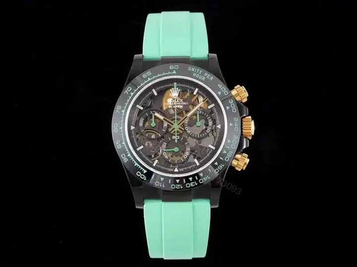 View 1 of Best Rolex Daytona Skeleton Green replica 40MM Mint Rubber Strap Carbon Edition ROLEX-DAYTONA-SKEL-GRN-RUB-40