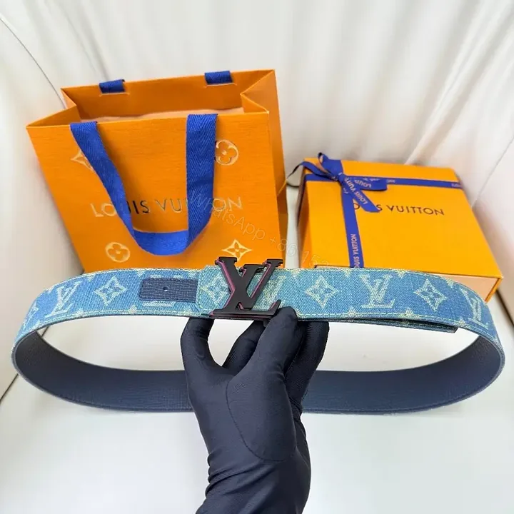 View 1 of Denim-Print Belt with Monogram Hardware: Luxury-Casual Belt