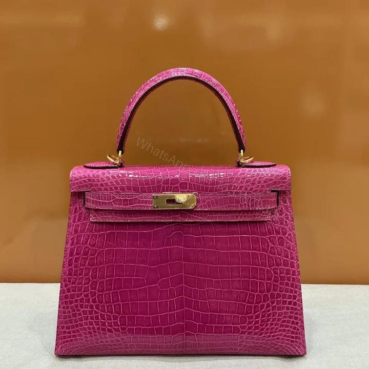 View 1 of Hermès 高仿 Kelly 玫紅鱷魚紋手提包 時尚亮色精品女包