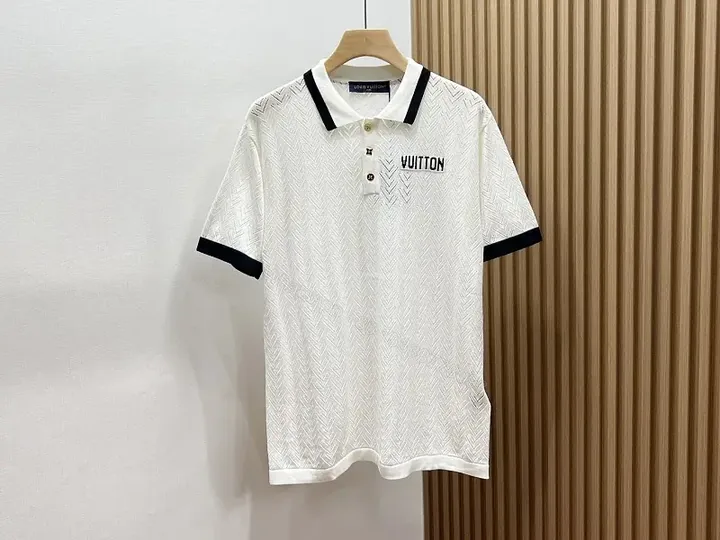 View 1 of White Knit Polo Cotton Classic Louis Vuitton Logo Polo Shirt