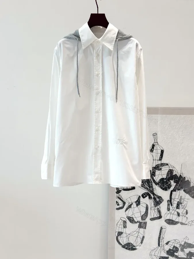 View 1 of White Cotton Shirt Dress Hoodie Detail: Modern Minimal Luxury