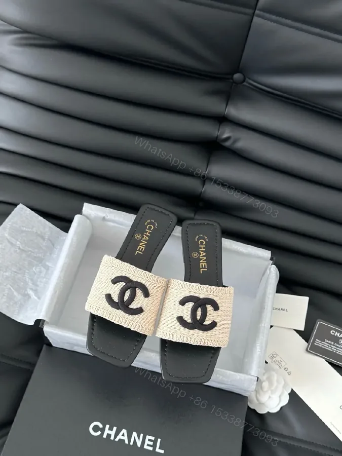 View 1 of Beige Canvas Slides with Interlocking Logo, Luxe-Style Comfort
