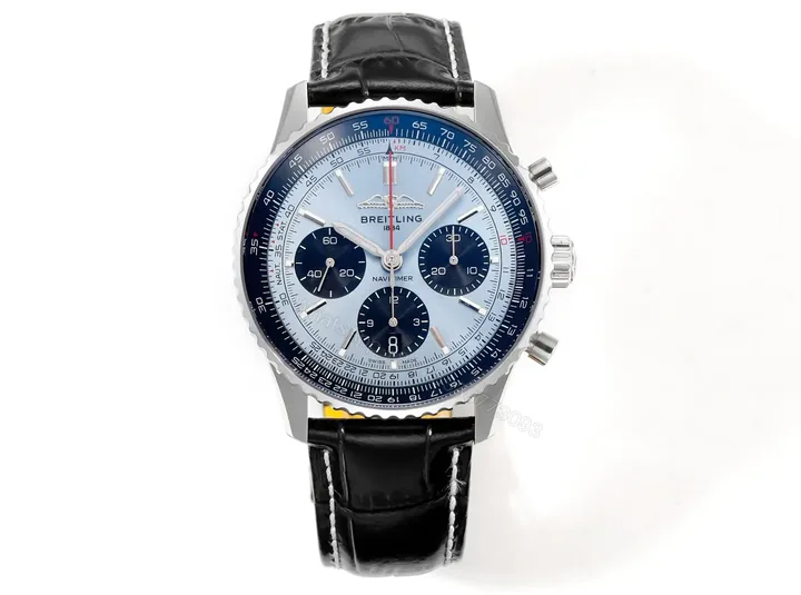 View 1 of Super Clone Breitling Navitimer B01 Ice Blue Leather Strap 43MM Premium AB0138241C1P1