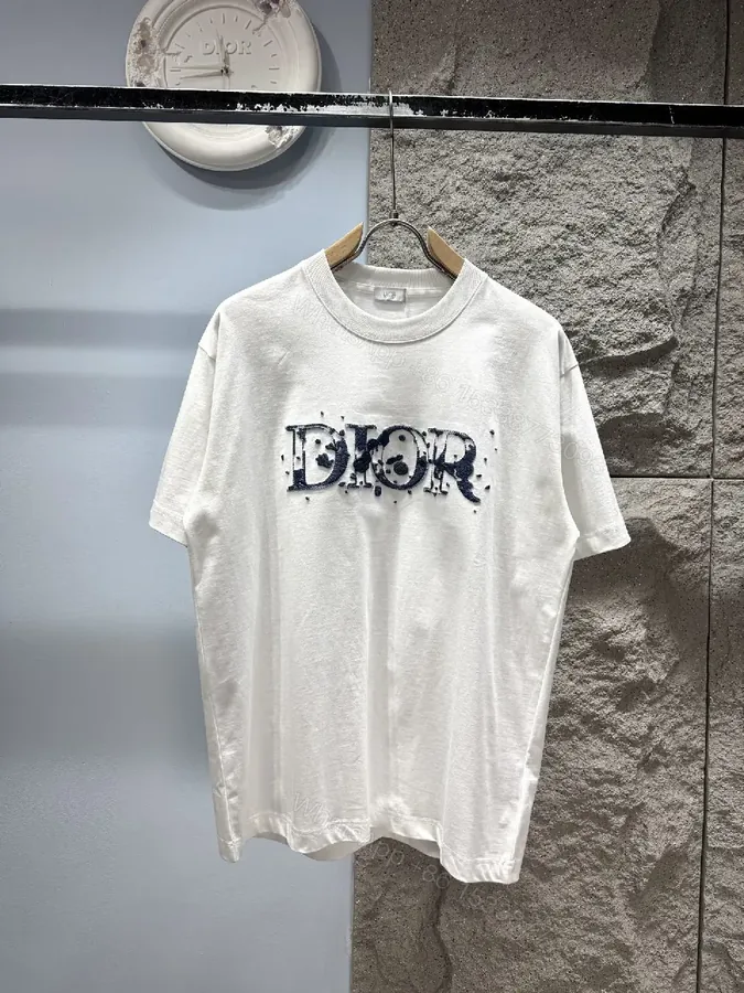 View 1 of White Cotton Tee with Distressed DIOR-Inspired Logo (Casual Luxe)