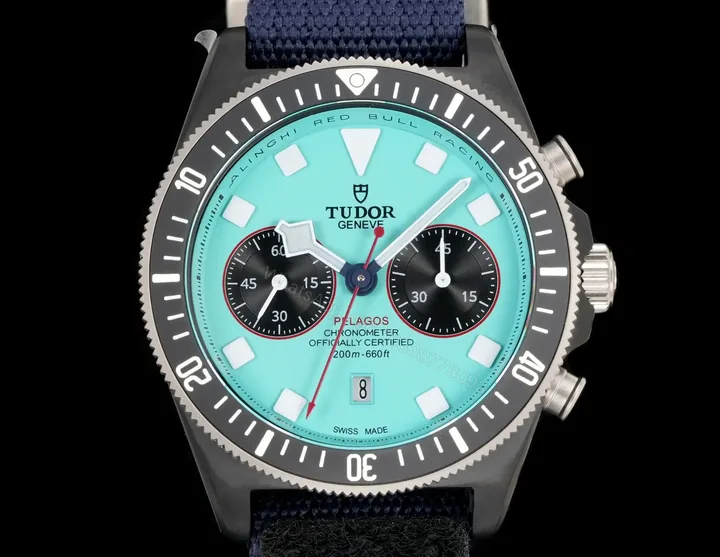 View 1 of Tudor Pelagos Chronograph Turquoise Dial Navy Fabric Strap Premium 43MM M25807KN-0001