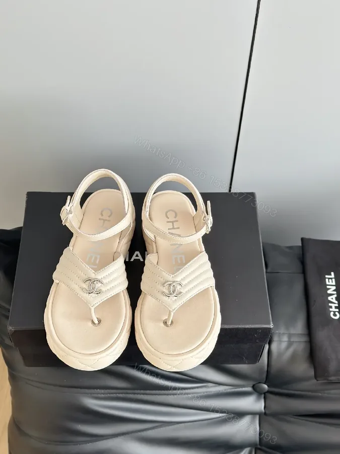 View 1 of Elegant Comfort Sandal: Signature Hardware, Open-Toe, Beige Leather-like Finish