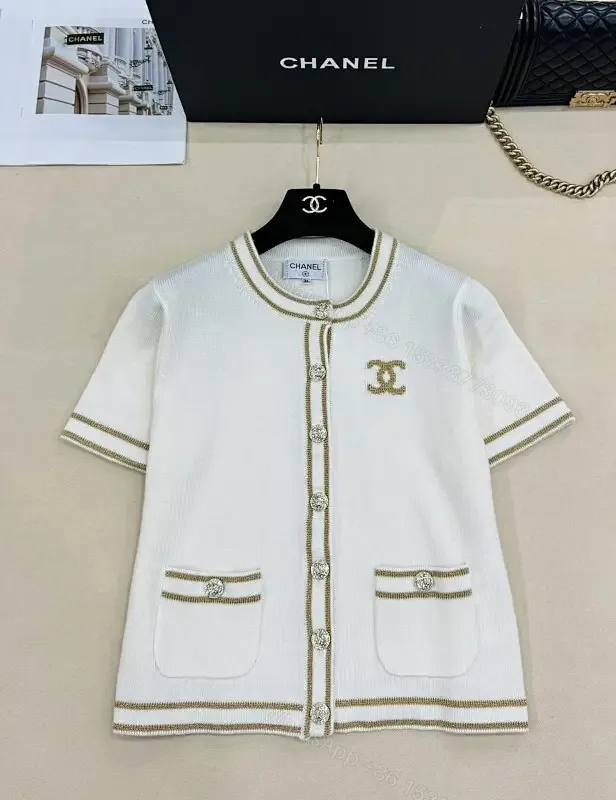 View 1 of White Knit Cardigan Dress with Gold Trim